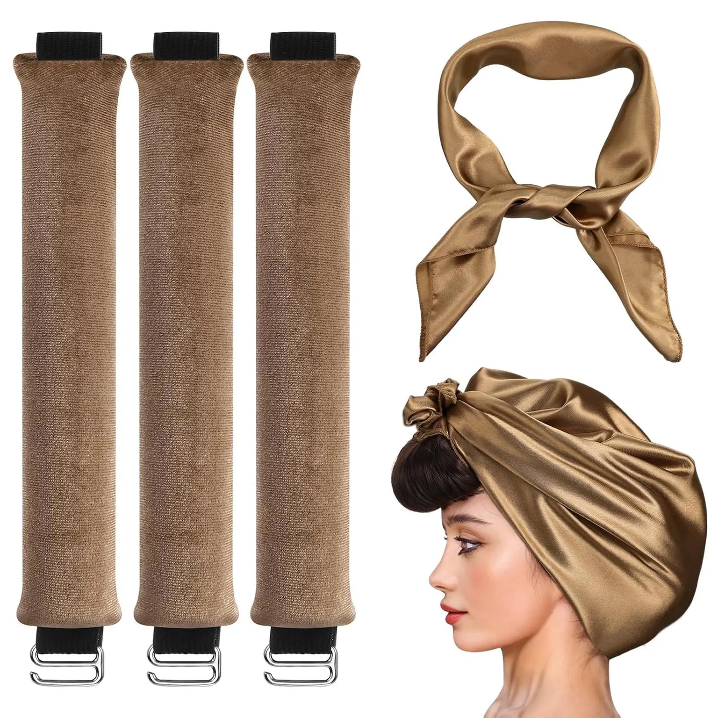 3-Pack Heatless Velvet Hair Curlers with Silk Scarf, No Heat Curling Rods for Long & Medium Hair, Sleep-In Curl Styling Kit