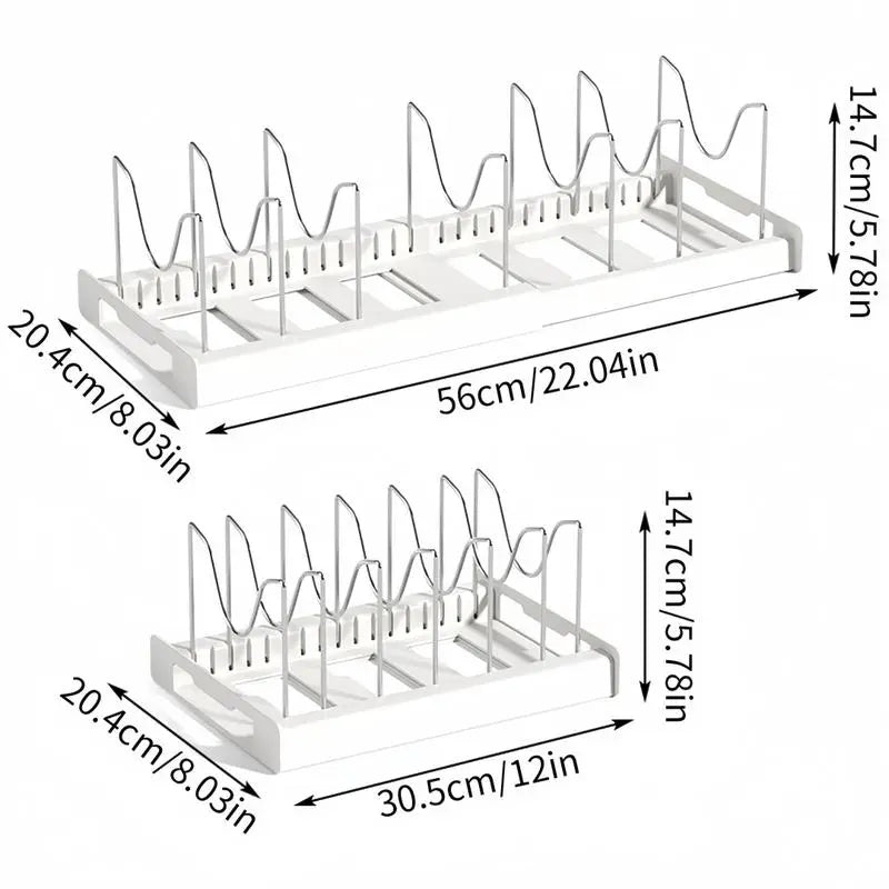 Multi-Functional Telescopic Kitchen Storage Rack - Expandable Kitchenware Storage Rack, Cabinet Cookware Rack, 7 Adjustable Compartments and Pot Cover Brackets, Plate Storage Rack, Cabinet Storage Rack for Pots, Utensils, Lids, and Baking Utensils