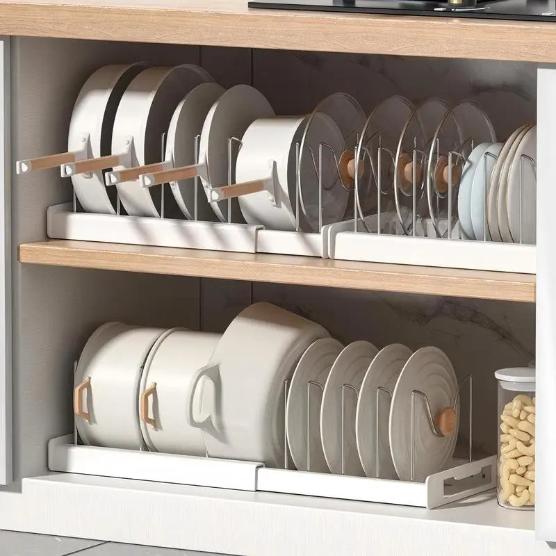 Multi-Functional Telescopic Kitchen Storage Rack - Expandable Kitchenware Storage Rack, Cabinet Cookware Rack, 7 Adjustable Compartments and Pot Cover Brackets, Plate Storage Rack, Cabinet Storage Rack for Pots, Utensils, Lids, and Baking Utensils