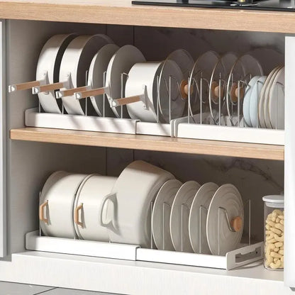 Multi-Functional Telescopic Kitchen Storage Rack - Expandable Kitchenware Storage Rack, Cabinet Cookware Rack, 7 Adjustable Compartments and Pot Cover Brackets, Plate Storage Rack, Cabinet Storage Rack for Pots, Utensils, Lids, and Baking Utensils