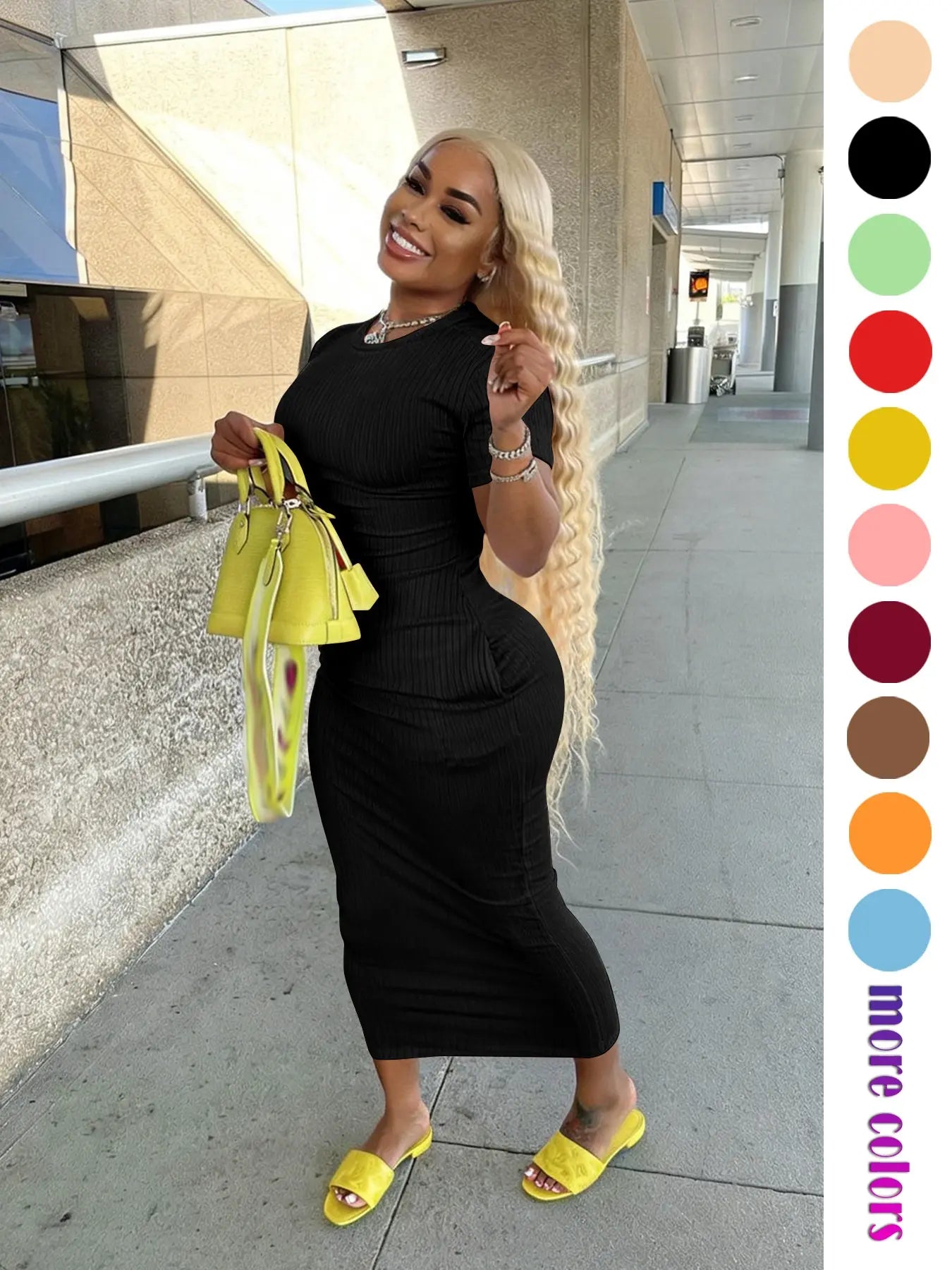 Threaded Elastic Solid Color Bodycon Dress, Breathable Elastic Party Outing Travel Pocket Long Dress, Summer Dress, Casual Wear, Womenswear