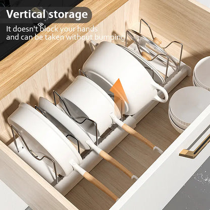 Multi-Functional Telescopic Kitchen Storage Rack - Expandable Kitchenware Storage Rack, Cabinet Cookware Rack, 7 Adjustable Compartments and Pot Cover Brackets, Plate Storage Rack, Cabinet Storage Rack for Pots, Utensils, Lids, and Baking Utensils