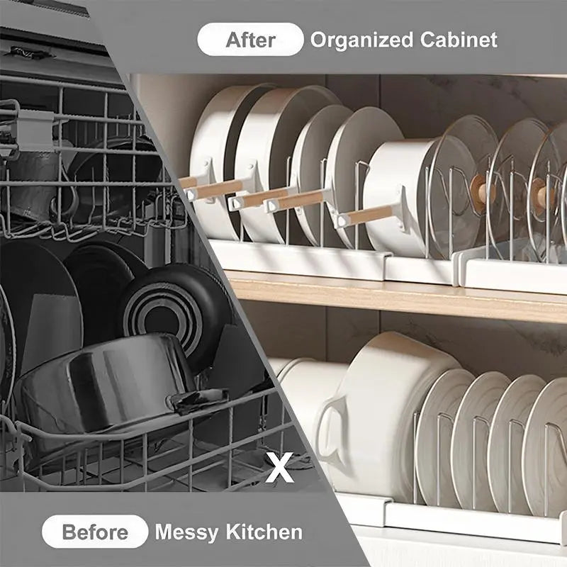 Multi-Functional Telescopic Kitchen Storage Rack - Expandable Kitchenware Storage Rack, Cabinet Cookware Rack, 7 Adjustable Compartments and Pot Cover Brackets, Plate Storage Rack, Cabinet Storage Rack for Pots, Utensils, Lids, and Baking Utensils