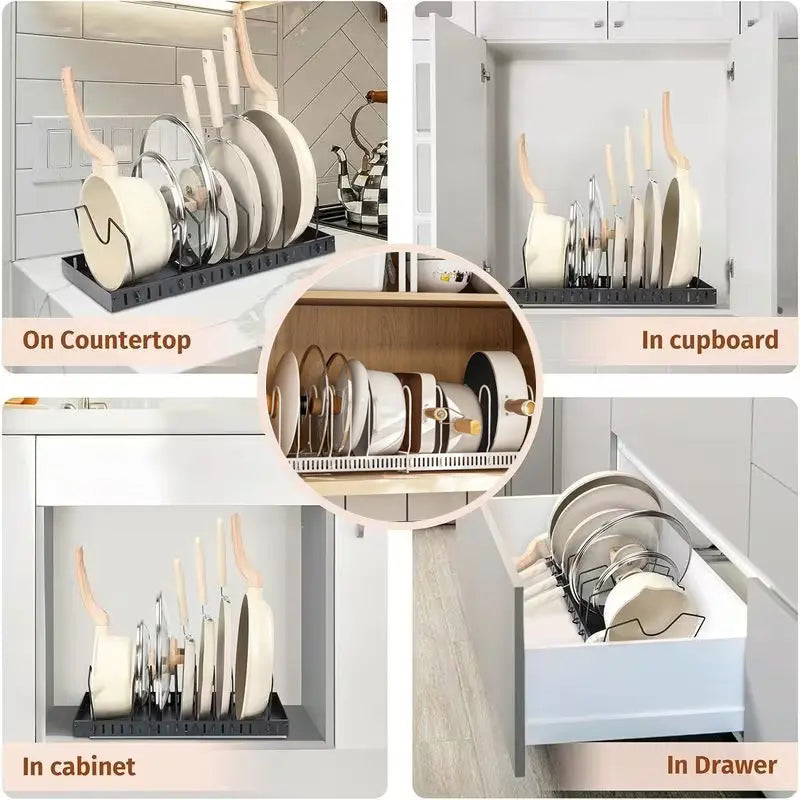 Multi-Functional Telescopic Kitchen Storage Rack - Expandable Kitchenware Storage Rack, Cabinet Cookware Rack, 7 Adjustable Compartments and Pot Cover Brackets, Plate Storage Rack, Cabinet Storage Rack for Pots, Utensils, Lids, and Baking Utensils