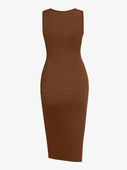 Women'S Drawstring Ruched Ribbed Tank Dress with Slit, Casual Button Decor Scoop Neck Sleeveless Bodycon Dress, Summer Clothes Women