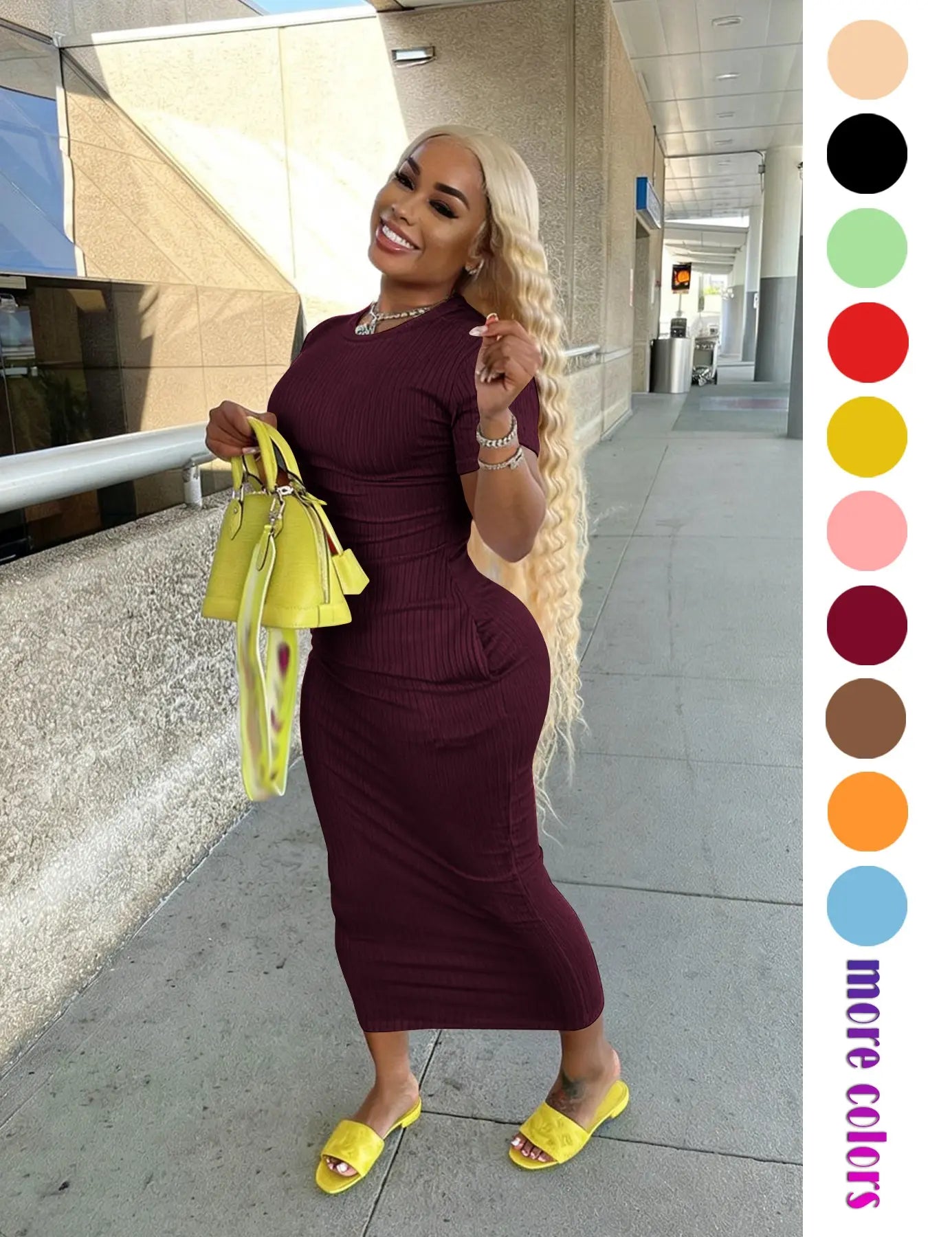Threaded Elastic Solid Color Bodycon Dress, Breathable Elastic Party Outing Travel Pocket Long Dress, Summer Dress, Casual Wear, Womenswear