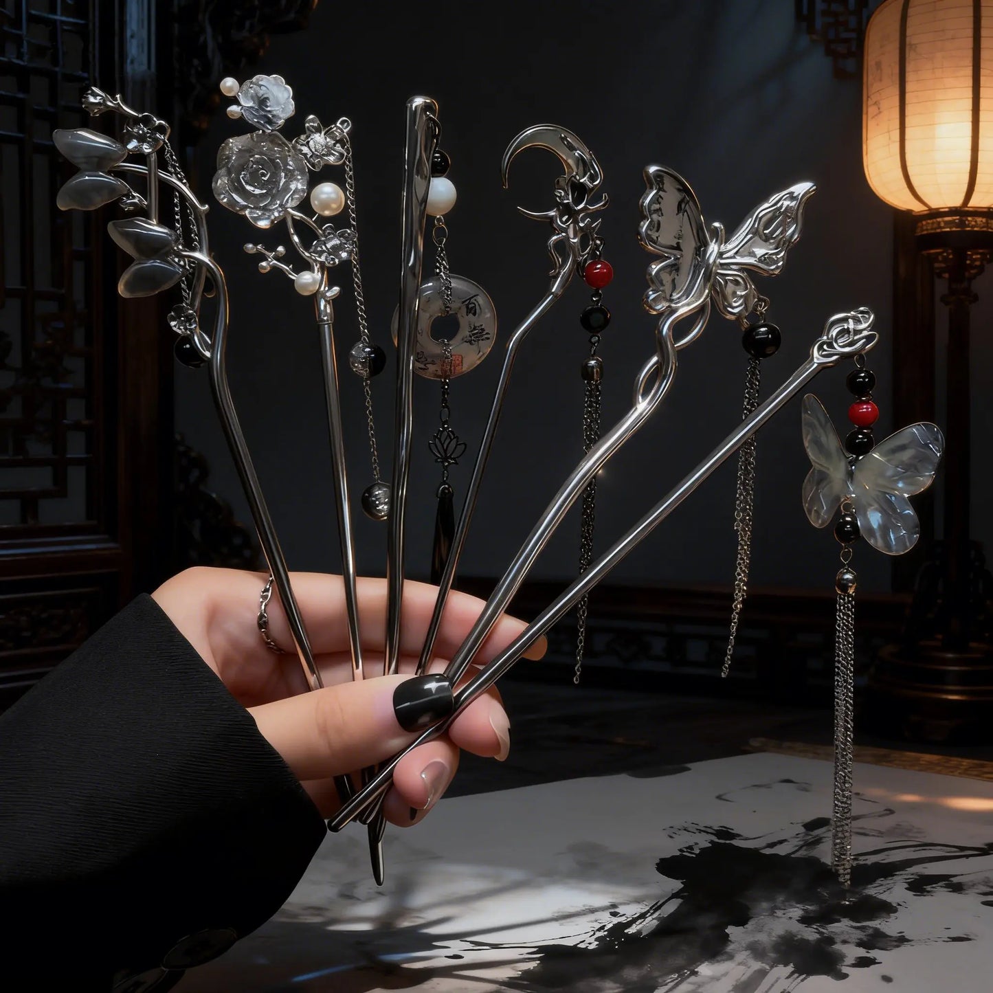 6PCS Dark Metal Hairpin Set Gothic Dark Girl Accessories for Halloween Cosplay Hanfu Qipao Punk Tassel Fall Hair Claw Unique Elegant Hair Clip Pin Exquisite French Hair Pin Clavicular Head Clip Banana Clip Hair
