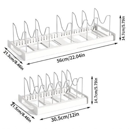 Expandable Pot and Pan Organizer Rack for Cabinet, Pot Lid Organizer Holder with 7 Stainless Steel Adjustable Dividers for Kitchen Cabinet Organizer and Storage (White)