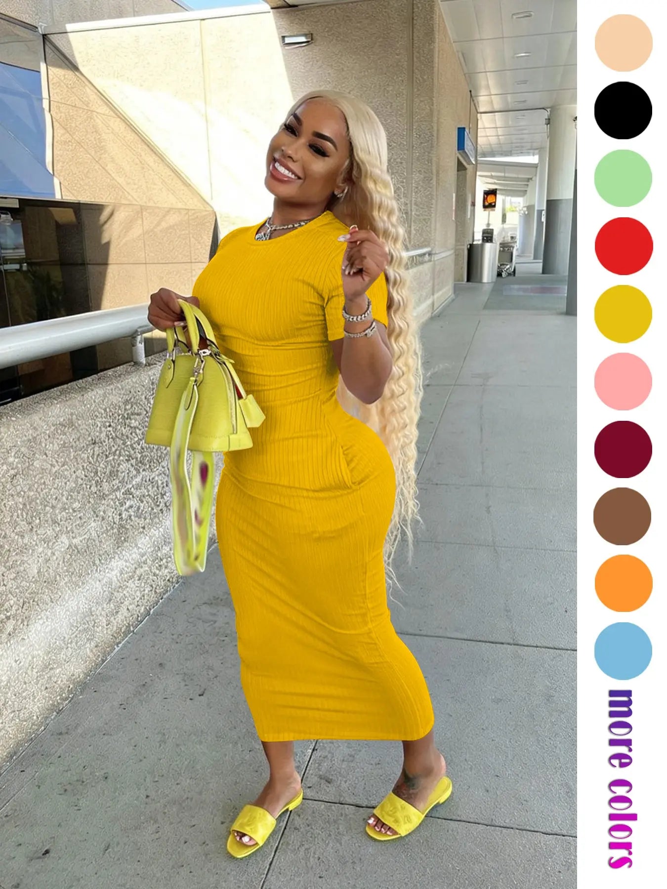 Threaded Elastic Solid Color Bodycon Dress, Breathable Elastic Party Outing Travel Pocket Long Dress, Summer Dress, Casual Wear, Womenswear