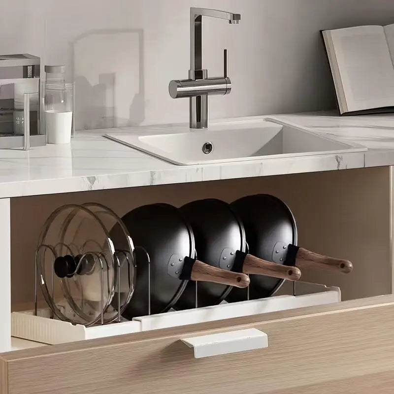 Multi-Functional Telescopic Kitchen Storage Rack - Expandable Kitchenware Storage Rack, Cabinet Cookware Rack, 7 Adjustable Compartments and Pot Cover Brackets, Plate Storage Rack, Cabinet Storage Rack for Pots, Utensils, Lids, and Baking Utensils