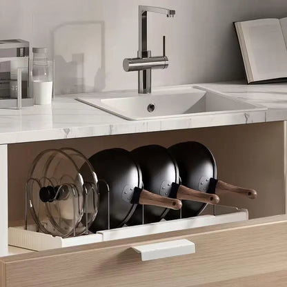 Multi-Functional Telescopic Kitchen Storage Rack - Expandable Kitchenware Storage Rack, Cabinet Cookware Rack, 7 Adjustable Compartments and Pot Cover Brackets, Plate Storage Rack, Cabinet Storage Rack for Pots, Utensils, Lids, and Baking Utensils
