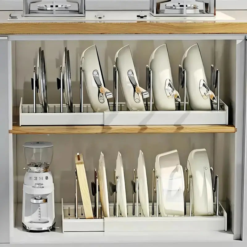 Expandable Pot and Pan Organizer Rack for Cabinet, Pot Lid Organizer Holder with 7 Stainless Steel Adjustable Dividers for Kitchen Cabinet Organizer and Storage (White)