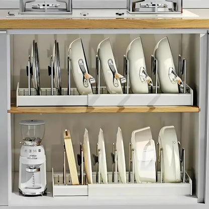 Expandable Pot and Pan Organizer Rack for Cabinet, Pot Lid Organizer Holder with 7 Stainless Steel Adjustable Dividers for Kitchen Cabinet Organizer and Storage (White)