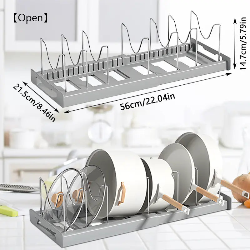 Multi-Functional Telescopic Kitchen Storage Rack - Expandable Kitchenware Storage Rack, Cabinet Cookware Rack, 7 Adjustable Compartments and Pot Cover Brackets, Plate Storage Rack, Cabinet Storage Rack for Pots, Utensils, Lids, and Baking Utensils