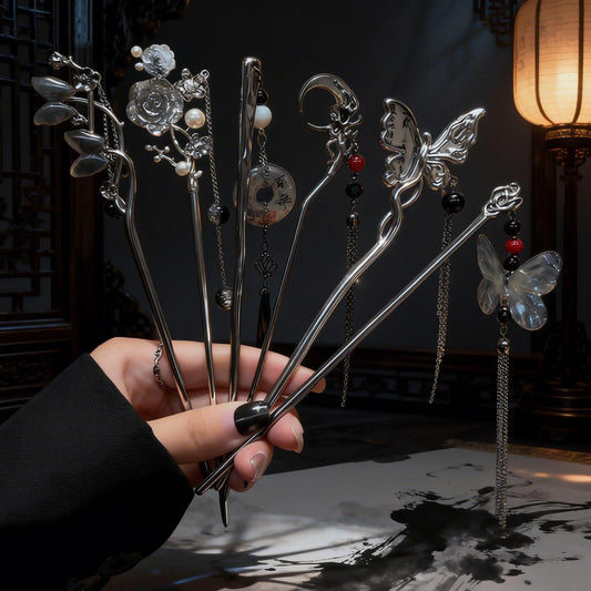 6PCS Dark Metal Hairpin Set Gothic Dark Girl Accessories for Halloween Cosplay Hanfu Qipao Punk Tassel Fall Hair Claw Unique Elegant Hair Clip Pin Exquisite French Hair Pin Clavicular Head Clip Banana Clip Hair