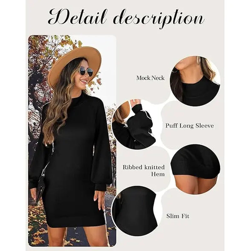 GRECERELLE Women'S Mock Neck Ribbed Long Sleeve Bodycon Pullover Cute Mini Sweater Dress