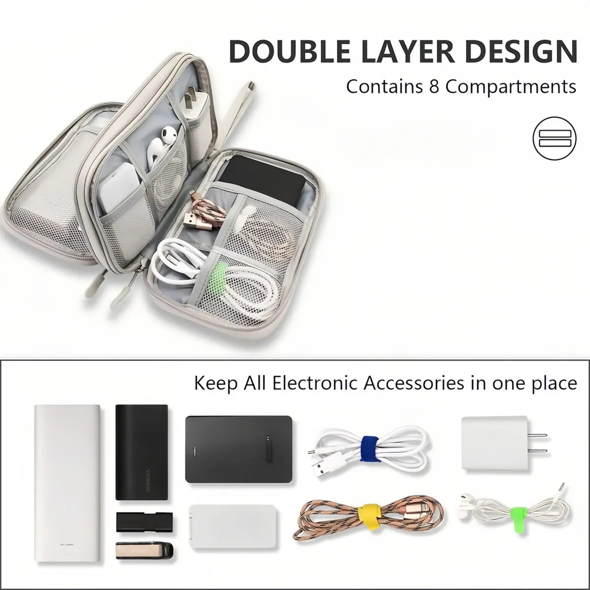 Portable Double Layer Storage Bag, Waterproof Cable & Makeup Organizer, Multifunctional Stationery Container, Travel Pouch for Outdoor & Travel