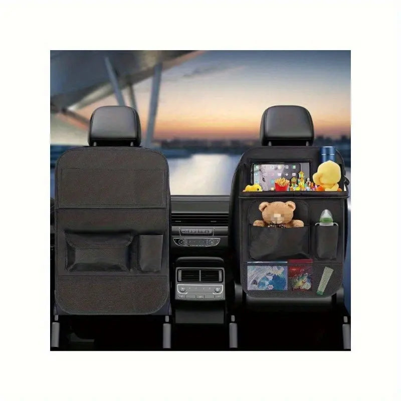 Car Backseat Organizer with Foldable Tray, 6 Pockets, Tablet Holder, and Kick Pad - Polyester Travel Accessory for Suvs, Trucks, Vans (Black), Car Seat Back Protector, Sturdy Construction, Universal Car Accessories
