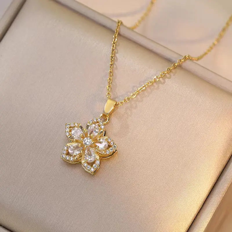 Relaxing Stress Rotating Five Petal Flower Pendant Necklace, Soothing Restlessness Necklace, Rotating Crystal Flower Necklace, 18K Gold Plated Titanium Steel Spinning Bauhinia Pendant Necklace, Flexible and Rotatable Jewelry Necklace