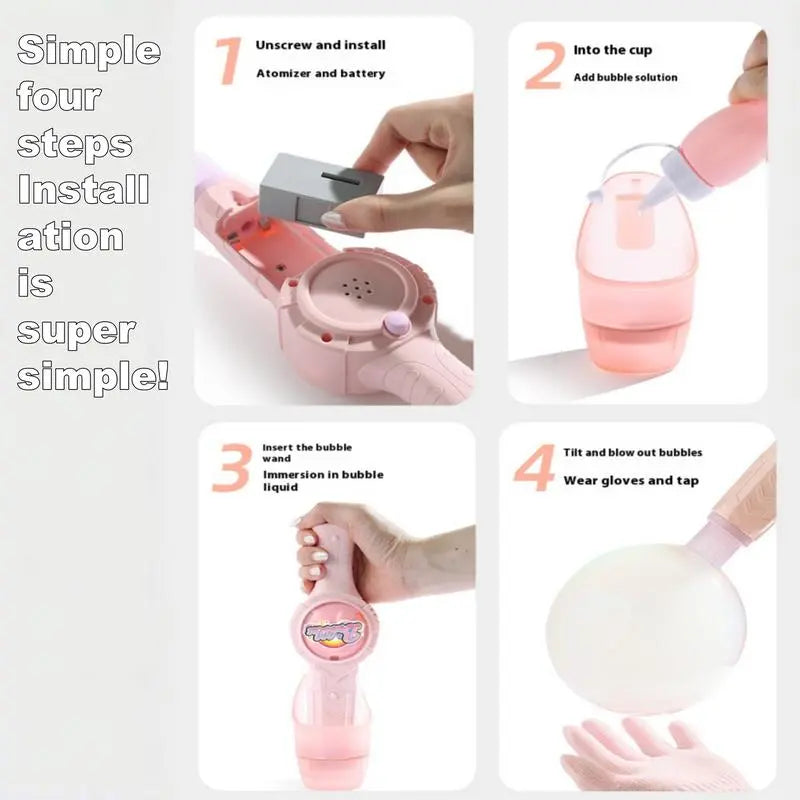 Elastic Smoke Bubble Machine for Kids - Rechargeable Magic Bubble Wand with Lights & Sound, Includes Gloves & Spill-Proof Cup, Safe Bubble Solution, Green & Pink