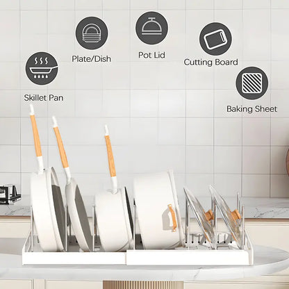 Expandable Pot and Pan Organizer Rack for Cabinet, Pot Lid Organizer Holder with 7 Stainless Steel Adjustable Dividers for Kitchen Cabinet Organizer and Storage (White)
