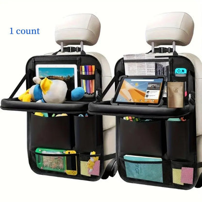 Car Backseat Organizer with Foldable Tray, 6 Pockets, Tablet Holder, and Kick Pad - Polyester Travel Accessory for Suvs, Trucks, Vans (Black), Car Seat Back Protector, Sturdy Construction, Universal Car Accessories