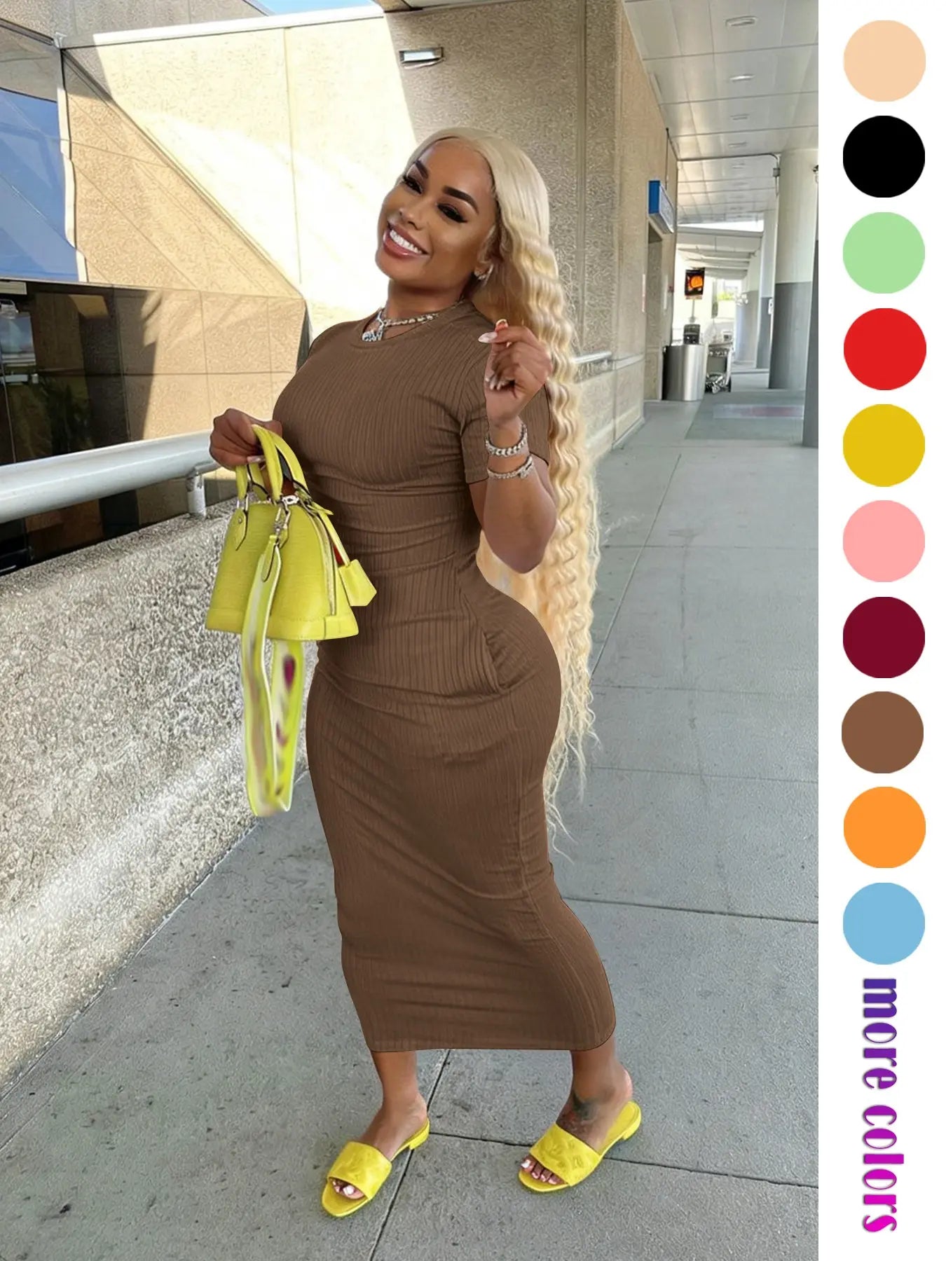 Threaded Elastic Solid Color Bodycon Dress, Breathable Elastic Party Outing Travel Pocket Long Dress, Summer Dress, Casual Wear, Womenswear