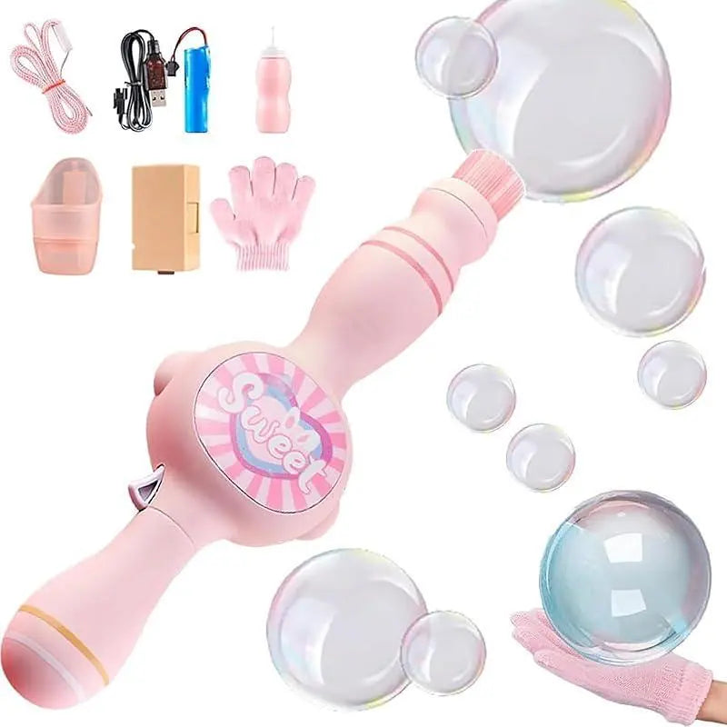 Elastic Smoke Bubble Machine for Kids - Rechargeable Magic Bubble Wand with Lights & Sound, Includes Gloves & Spill-Proof Cup, Safe Bubble Solution, Green & Pink