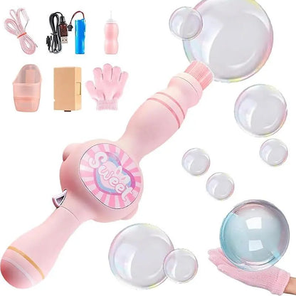 Elastic Smoke Bubble Machine for Kids - Rechargeable Magic Bubble Wand with Lights & Sound, Includes Gloves & Spill-Proof Cup, Safe Bubble Solution, Green & Pink