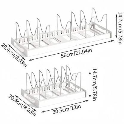 Multi-Functional Telescopic Kitchen Storage Rack - Expandable Kitchenware Storage Rack, Cabinet Cookware Rack, 7 Adjustable Compartments and Pot Cover Brackets, Plate Storage Rack, Cabinet Storage Rack for Pots, Utensils, Lids, and Baking Utensils