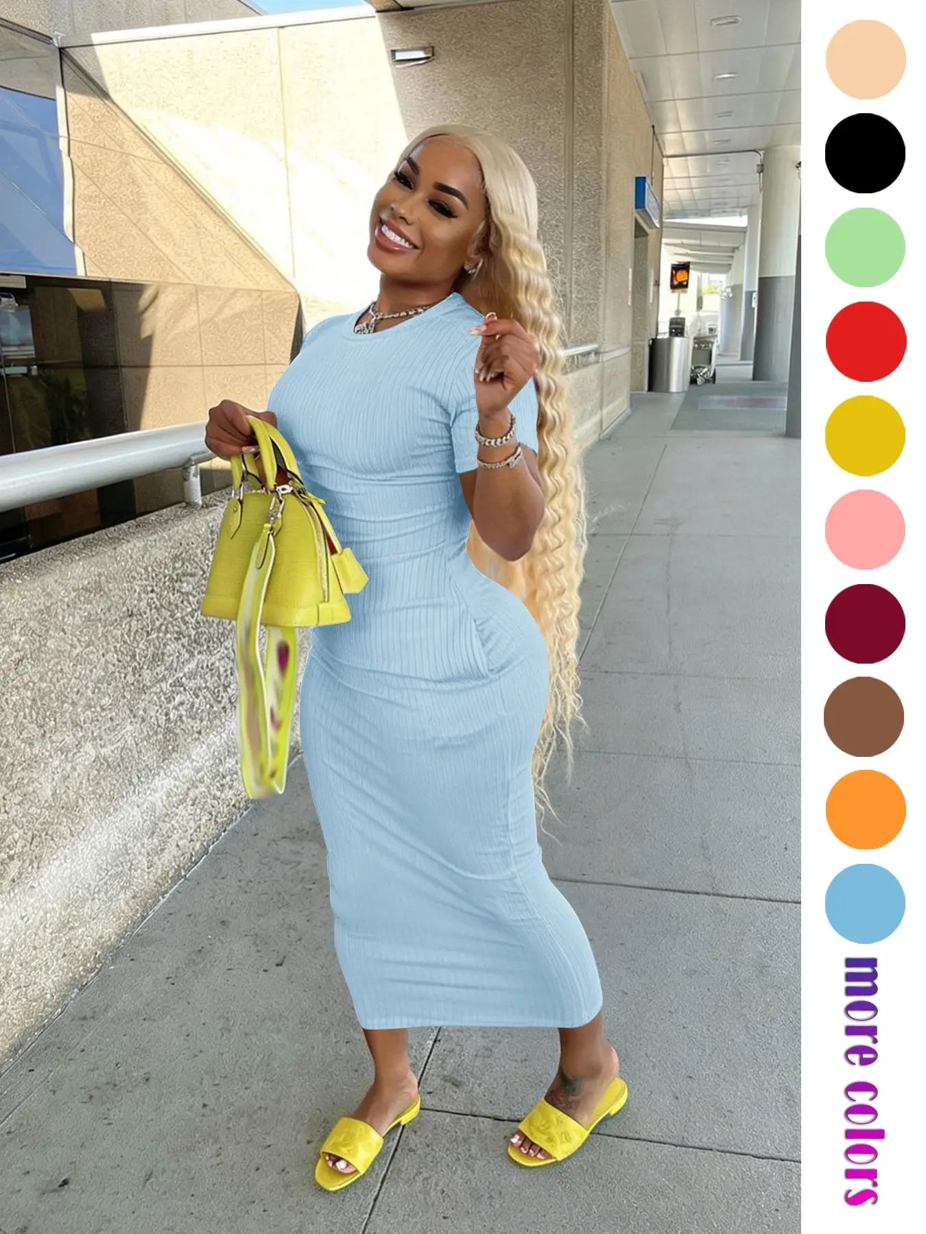 Threaded Elastic Solid Color Bodycon Dress, Breathable Elastic Party Outing Travel Pocket Long Dress, Summer Dress, Casual Wear, Womenswear