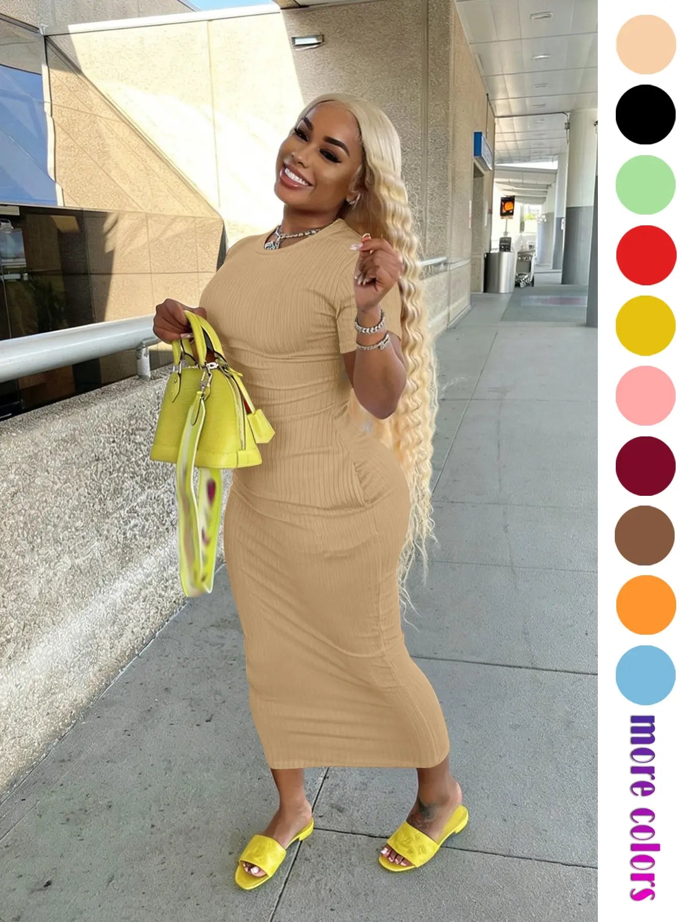 Threaded Elastic Solid Color Bodycon Dress, Breathable Elastic Party Outing Travel Pocket Long Dress, Summer Dress, Casual Wear, Womenswear