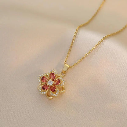 Relaxing Stress Rotating Five Petal Flower Pendant Necklace, Soothing Restlessness Necklace, Rotating Crystal Flower Necklace, 18K Gold Plated Titanium Steel Spinning Bauhinia Pendant Necklace, Flexible and Rotatable Jewelry Necklace