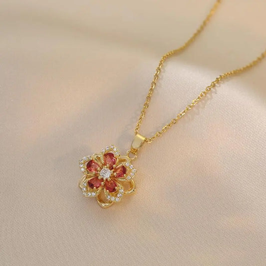 Relaxing Stress Rotating Five Petal Flower Pendant Necklace, Soothing Restlessness Necklace, Rotating Crystal Flower Necklace, 18K Gold Plated Titanium Steel Spinning Bauhinia Pendant Necklace, Flexible and Rotatable Jewelry Necklace