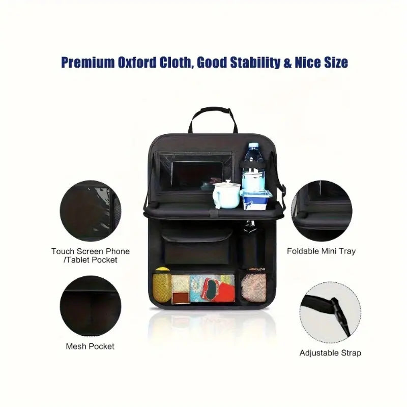 Car Backseat Organizer with Foldable Tray, 6 Pockets, Tablet Holder, and Kick Pad - Polyester Travel Accessory for Suvs, Trucks, Vans (Black), Car Seat Back Protector, Sturdy Construction, Universal Car Accessories