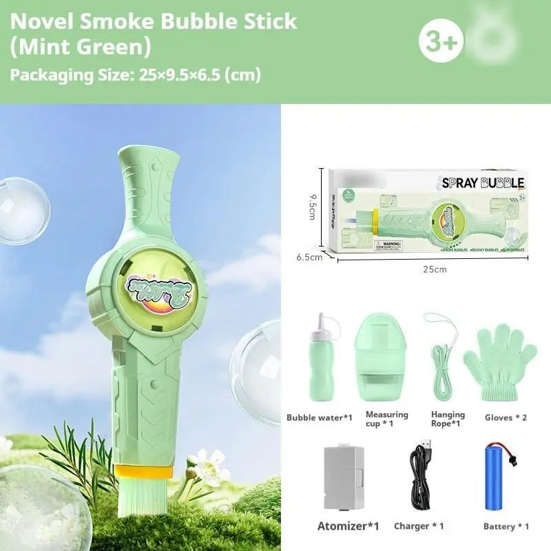 Elastic Smoke Bubble Machine for Kids - Rechargeable Magic Bubble Wand with Lights & Sound, Includes Gloves & Spill-Proof Cup, Safe Bubble Solution, Green & Pink