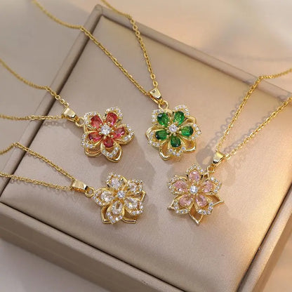 Relaxing Stress Rotating Five Petal Flower Pendant Necklace, Soothing Restlessness Necklace, Rotating Crystal Flower Necklace, 18K Gold Plated Titanium Steel Spinning Bauhinia Pendant Necklace, Flexible and Rotatable Jewelry Necklace