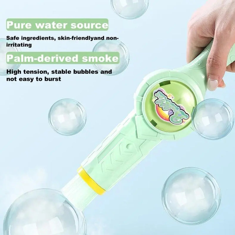 Elastic Smoke Bubble Machine for Kids - Rechargeable Magic Bubble Wand with Lights & Sound, Includes Gloves & Spill-Proof Cup, Safe Bubble Solution, Green & Pink