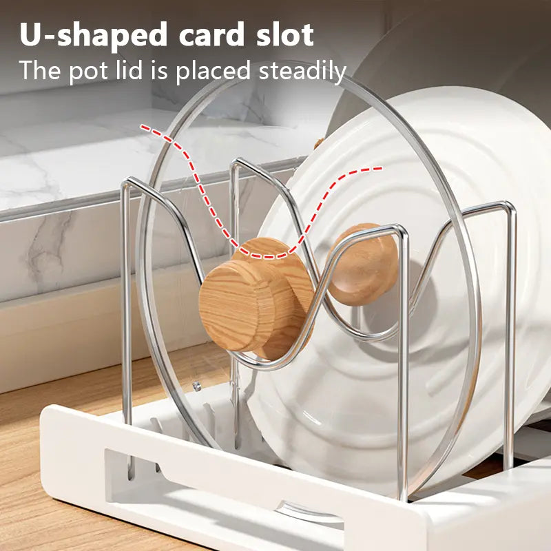 Expandable Pot and Pan Organizer Rack for Cabinet, Pot Lid Organizer Holder with 7 Stainless Steel Adjustable Dividers for Kitchen Cabinet Organizer and Storage (White)