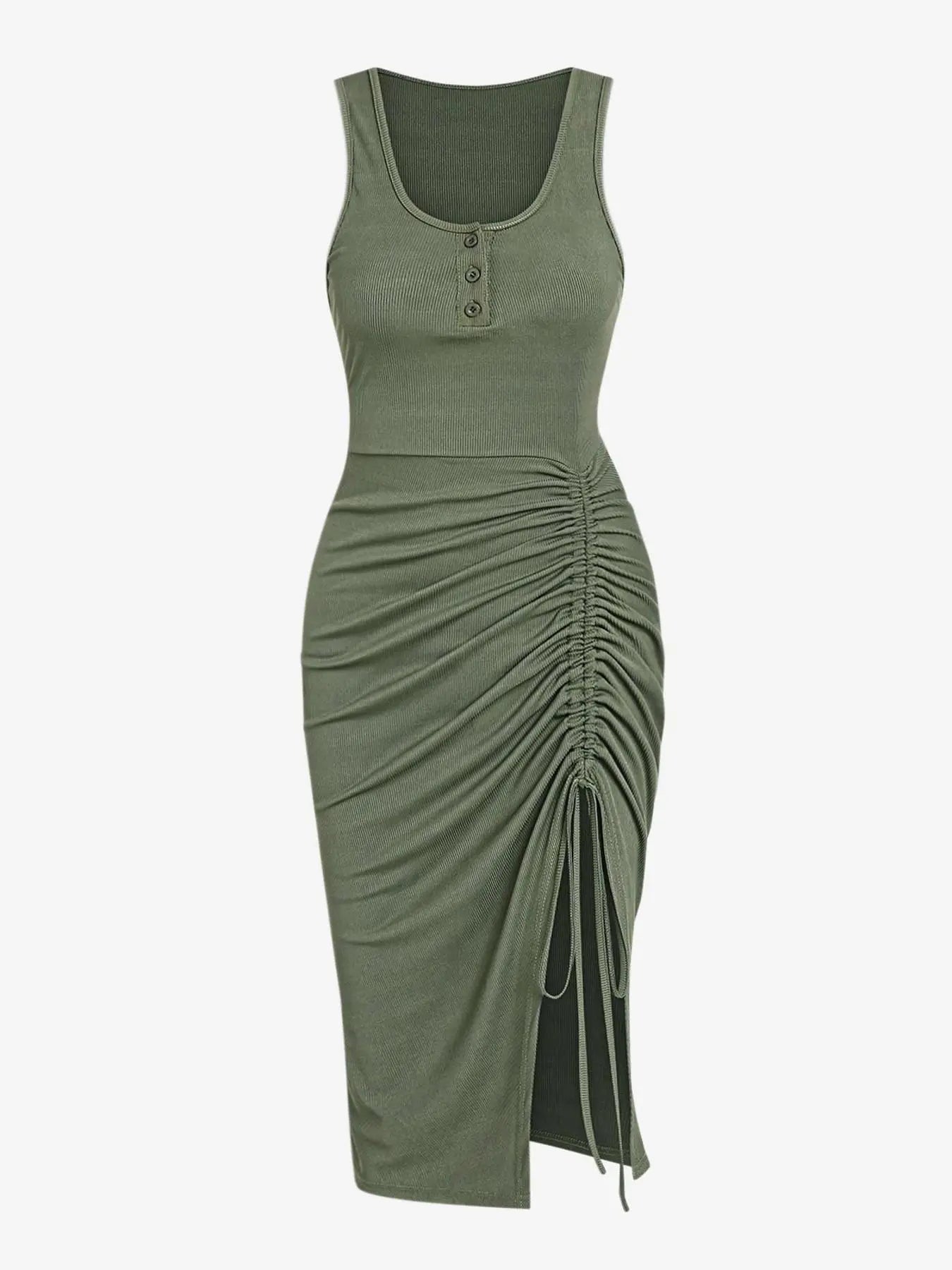 Women'S Drawstring Ruched Ribbed Tank Dress with Slit, Casual Button Decor Scoop Neck Sleeveless Bodycon Dress, Summer Clothes Women