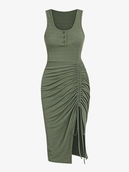 Women'S Drawstring Ruched Ribbed Tank Dress with Slit, Casual Button Decor Scoop Neck Sleeveless Bodycon Dress, Summer Clothes Women