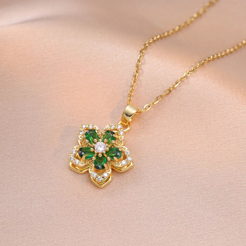 Relaxing Stress Rotating Five Petal Flower Pendant Necklace, Soothing Restlessness Necklace, Rotating Crystal Flower Necklace, 18K Gold Plated Titanium Steel Spinning Bauhinia Pendant Necklace, Flexible and Rotatable Jewelry Necklace