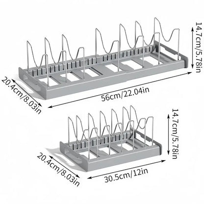 Multi-Functional Telescopic Kitchen Storage Rack - Expandable Kitchenware Storage Rack, Cabinet Cookware Rack, 7 Adjustable Compartments and Pot Cover Brackets, Plate Storage Rack, Cabinet Storage Rack for Pots, Utensils, Lids, and Baking Utensils