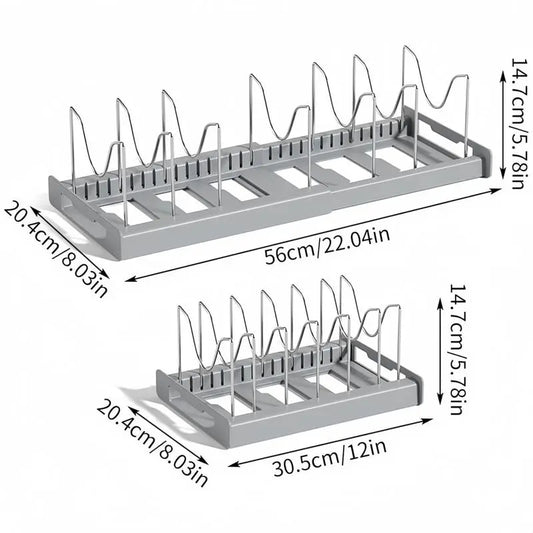 Multi-Functional Telescopic Kitchen Storage Rack - Expandable Kitchenware Storage Rack, Cabinet Cookware Rack, 7 Adjustable Compartments and Pot Cover Brackets, Plate Storage Rack, Cabinet Storage Rack for Pots, Utensils, Lids, and Baking Utensils