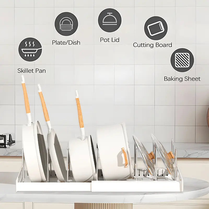 Multi-Functional Telescopic Kitchen Storage Rack - Expandable Kitchenware Storage Rack, Cabinet Cookware Rack, 7 Adjustable Compartments and Pot Cover Brackets, Plate Storage Rack, Cabinet Storage Rack for Pots, Utensils, Lids, and Baking Utensils
