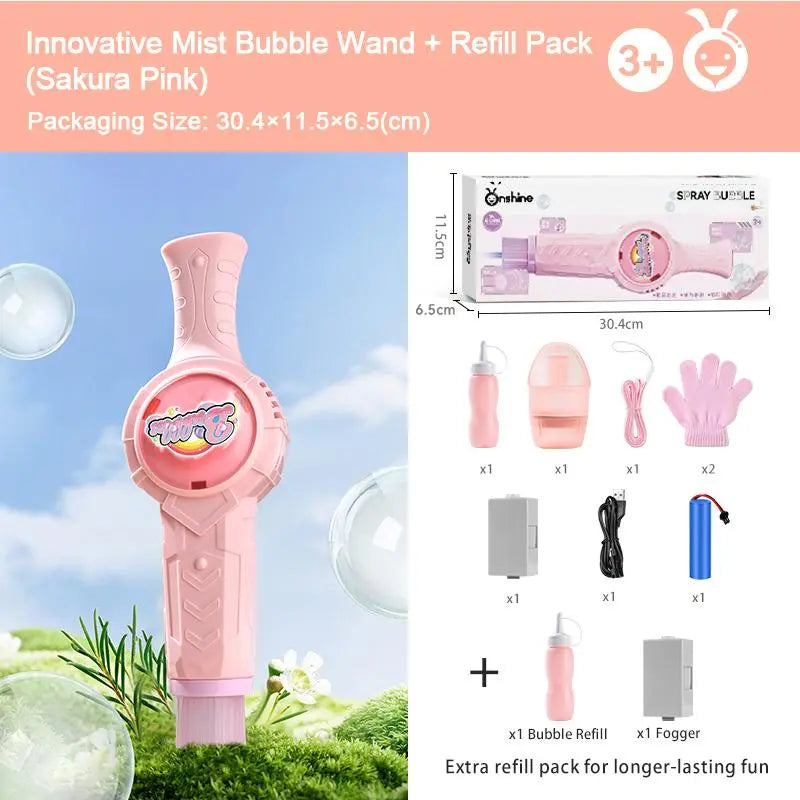 Elastic Smoke Bubble Machine for Kids - Rechargeable Magic Bubble Wand with Lights & Sound, Includes Gloves & Spill-Proof Cup, Safe Bubble Solution, Green & Pink