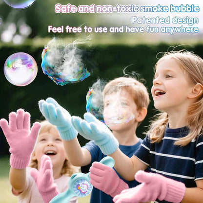 Elastic Smoke Bubble Machine for Kids - Rechargeable Magic Bubble Wand with Lights & Sound, Includes Gloves & Spill-Proof Cup, Safe Bubble Solution, Green & Pink