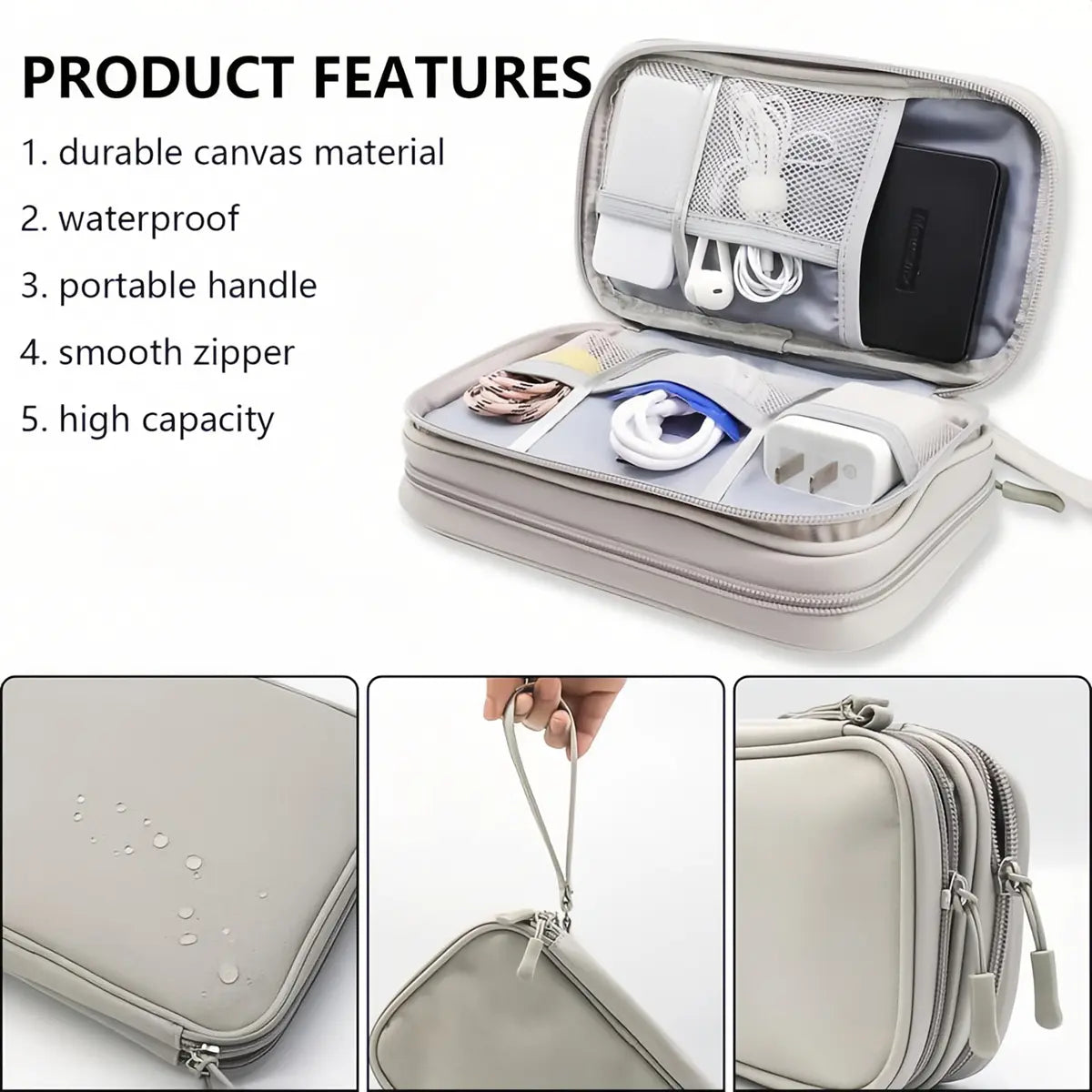 Portable Double Layer Storage Bag, Waterproof Cable & Makeup Organizer, Multifunctional Stationery Container, Travel Pouch for Outdoor & Travel