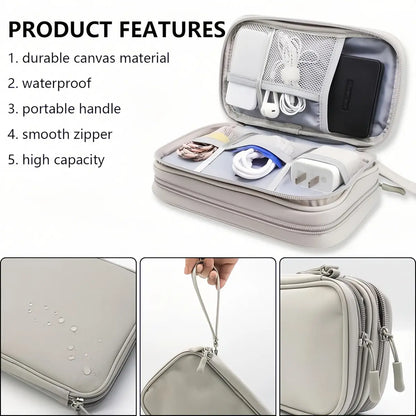 Portable Double Layer Storage Bag, Waterproof Cable & Makeup Organizer, Multifunctional Stationery Container, Travel Pouch for Outdoor & Travel
