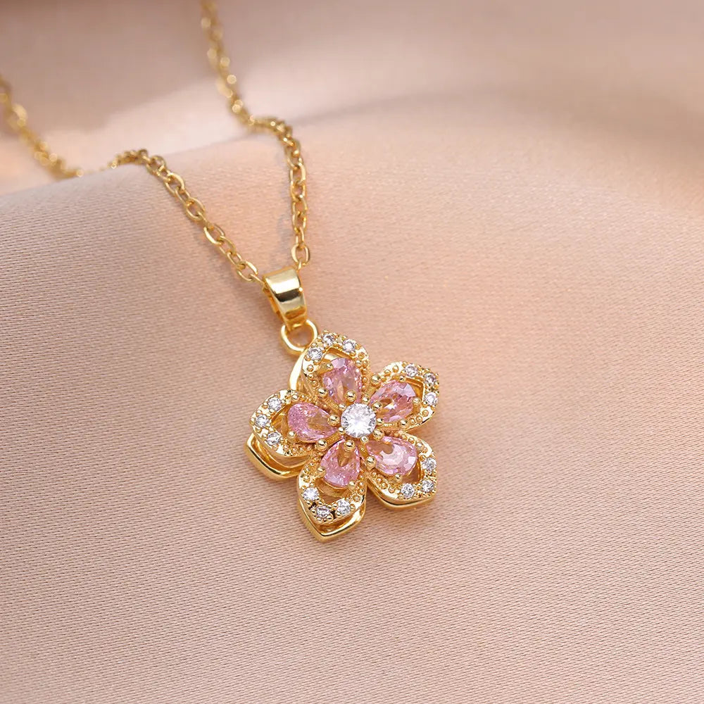 Relaxing Stress Rotating Five Petal Flower Pendant Necklace, Soothing Restlessness Necklace, Rotating Crystal Flower Necklace, 18K Gold Plated Titanium Steel Spinning Bauhinia Pendant Necklace, Flexible and Rotatable Jewelry Necklace